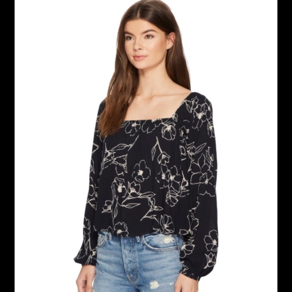 Billabong Smocked Cropped Blouse Women’s Groovy Puff Sleeve Black Botanical L